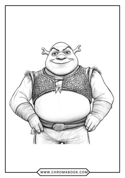 A fun Shrek coloring page featuring Shrek and friends in a whimsical forest scene. Enjoy this free printable design!