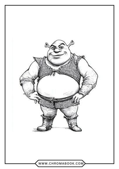 A fun Shrek coloring page featuring Shrek and his friends in a whimsical scene, perfect for kids. Free printable!
