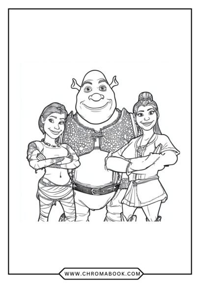 A fun Shrek coloring page featuring Shrek and friends in a whimsical forest setting, perfect for kids. Free printable!