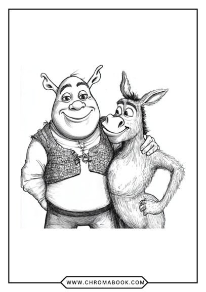 A whimsical Shrek coloring page featuring Shrek and friends in a playful scene, perfect for creative fun—free printable!
