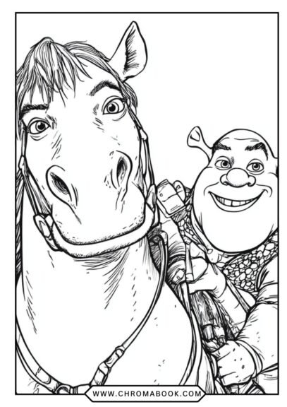 A whimsical Shrek-themed coloring page featuring beloved characters in a playful scene, perfect for kids. Free printable!