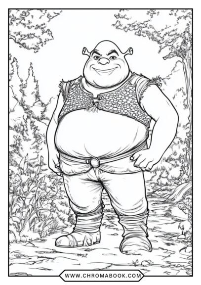 A fun Shrek coloring page featuring Shrek and friends in a whimsical forest setting, perfect for kids. Free printable!