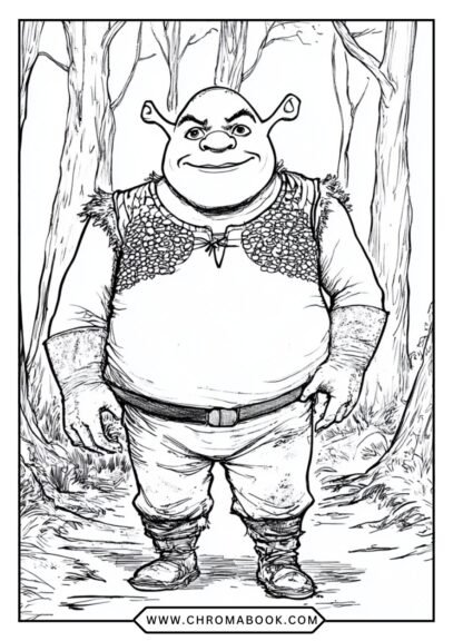 A whimsical Shrek-themed coloring page featuring Shrek and friends in a fun scene, perfect for kids. Free printable!