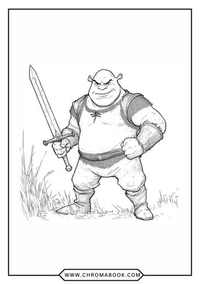 A whimsical Shrek coloring page featuring Shrek and Donkey surrounded by fun patterns. Perfect for kids! Free printable.