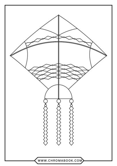 A whimsical kite design featuring intricate patterns and swirls, perfect for a fun coloring page. Free printable for creative enjoyment!