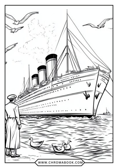 A detailed ship and boat scene featuring various vessels on waves, perfect for creativity. Free printable coloring page for all ages.