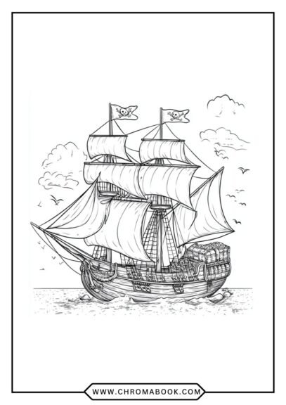 A whimsical ship sailing on waves surrounded by playful sea creatures, perfect for a fun coloring page. Free printable for all ages!