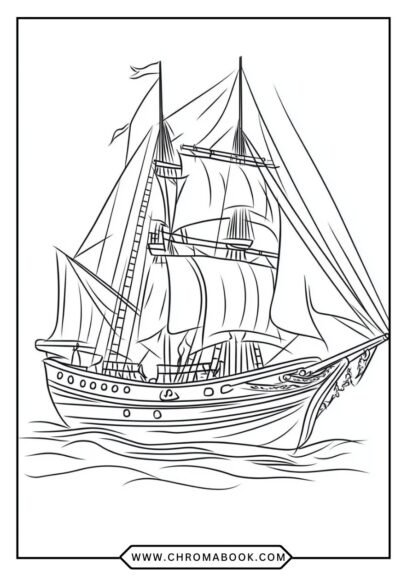 A detailed ship and boat scene featuring waves and clouds, perfect for creativity. Free printable coloring page for all ages!