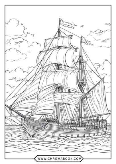A detailed ship and boat coloring page featuring various vessels on waves, perfect for creative fun. Free printable design!