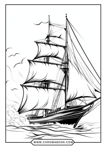 A detailed ship and boat coloring page featuring intricate patterns and waves, perfect for creative fun. Free printable!