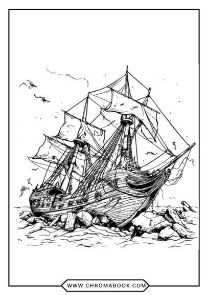 A whimsical ship sailing on waves, adorned with playful patterns and marine life, perfect for a fun coloring page. Free printable!