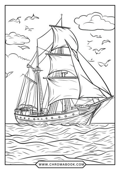 A detailed coloring page featuring various ships and boats on water, perfect for creativity. Download this free printable!