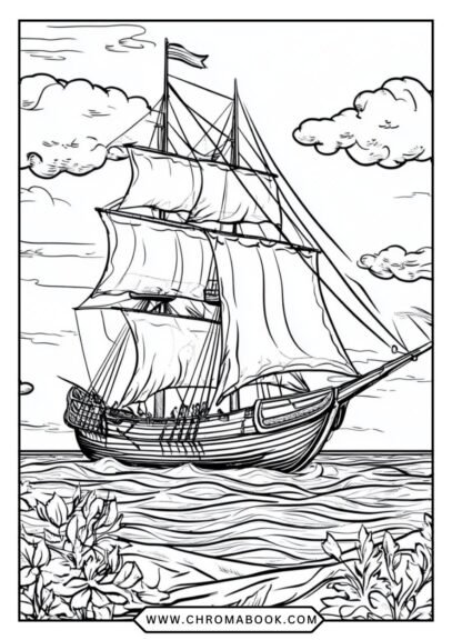 A detailed ship and boat-themed coloring page featuring various vessels and ocean waves, perfect for creative fun. Free printable!