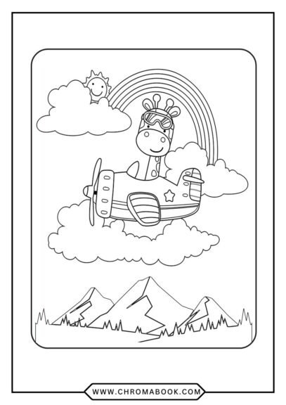 Free printable coloring page of a pilot flying an airplane over a city with clouds and a smiling sun.