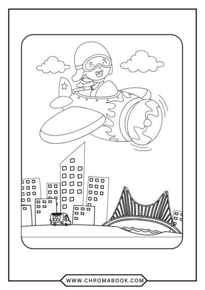 Coloring page: cartoon airplane flying over mountains and trees with clouds. Free printable.
