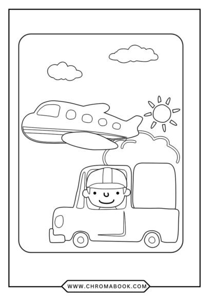 Free printable coloring page: Bear driving a car in a city with sun, clouds, and airplane in the sky.