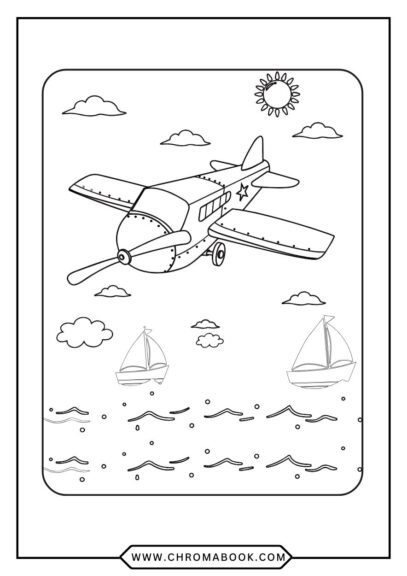 Coloring page: Cartoon cow flying a plane with birds, sun, and clouds. Free printable.