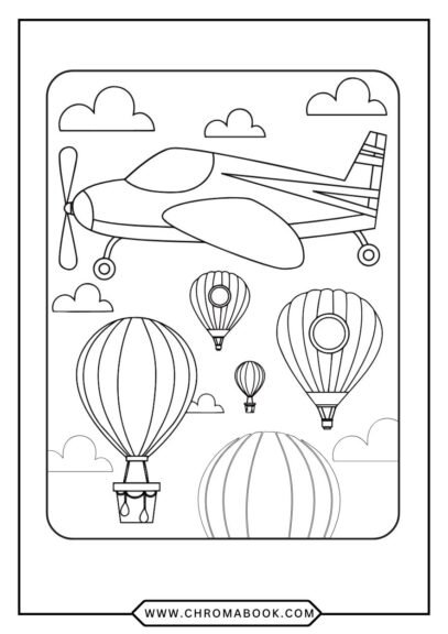 Free printable coloring page of two kids flying on a pencil over a cityscape with clouds.