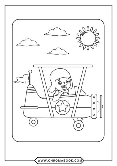 Airplanes coloring page with a pilot and giraffe in planes, clouds, and a rainbow. Free printable.