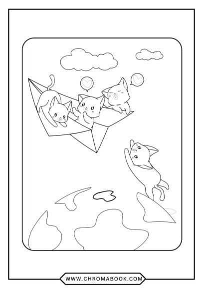 Coloring page: Happy pilot in a biplane with clouds and sun. Free printable.