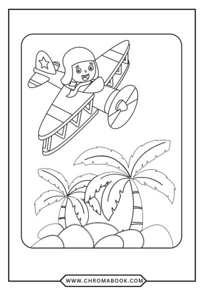 Free printable coloring page of a cute pilot in a helicopter, with birds, clouds, mountains, and a rainbow.
