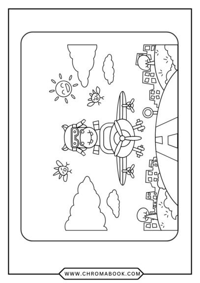Free printable coloring page of a smiling child in a truck with a plane, sun, and clouds in the background.