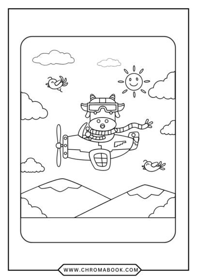 Coloring page: Child flying a plane over palm trees. Free printable.