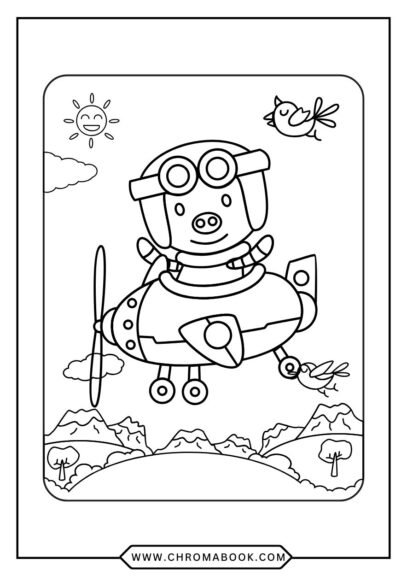 Free printable coloring page of a child in an airplane flying over a cityscape with buildings and a bridge.
