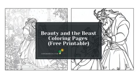 A whimsical Beauty and the Beast coloring page featuring Belle and the Beast in a romantic garden scene. Free printable for fun!