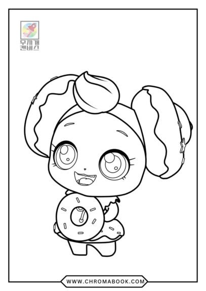 A whimsical illustration of Teeny Pink, a cute character surrounded by playful elements, perfect for a coloring page. Free printable!