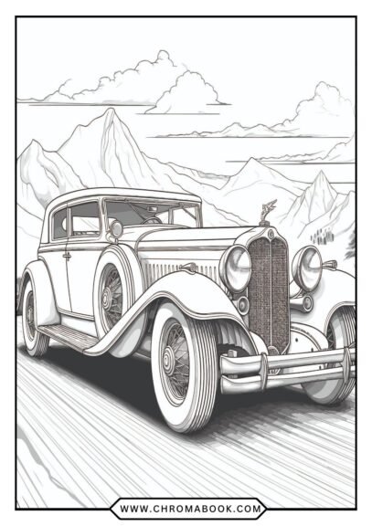 Classic cars coloring page featuring vintage vehicles with intricate designs, perfect for enthusiasts. Free printable for creative fun!