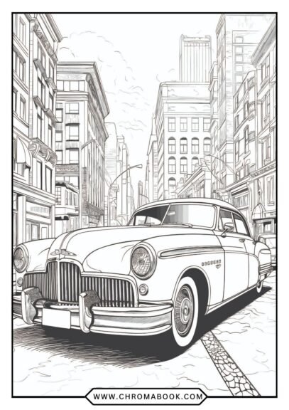 A vintage classic car surrounded by intricate designs, perfect for a coloring page. Enjoy this free printable for endless creativity!