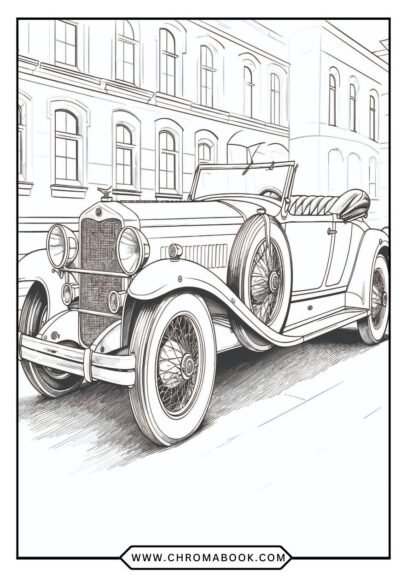 A detailed classic car coloring page featuring vintage automobiles and intricate designs, perfect for a fun, free printable activity.