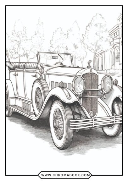 A vintage classic car coloring page featuring intricate details and designs, perfect for enthusiasts. Free printable for creative fun!