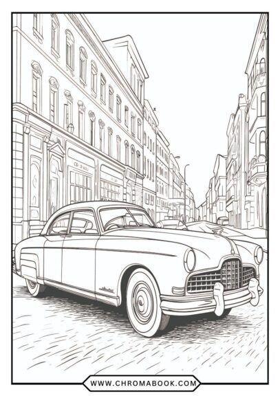 A vintage classic car surrounded by decorative patterns, perfect for a creative touch. Free printable coloring page for all ages!