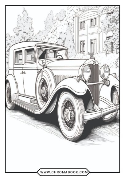 A vintage classic car illustration featuring intricate details for a coloring page, perfect for enthusiasts. Free printable!