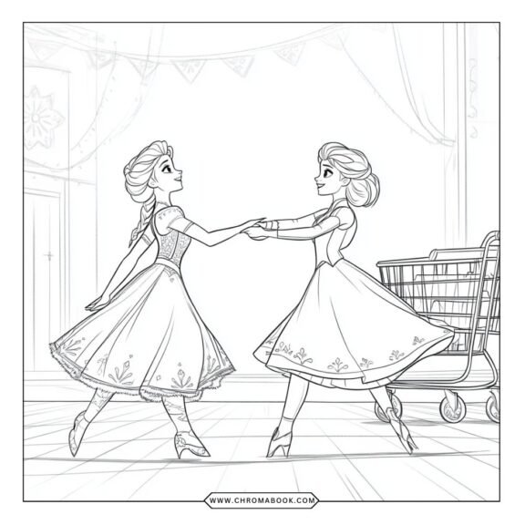 A whimsical coloring page featuring Elsa and Anna surrounded by snowflakes and magical elements, perfect for a free printable activity.