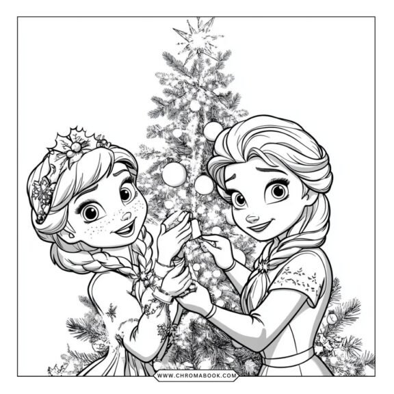A charming coloring page featuring Elsa and Anna from Frozen, surrounded by intricate snowflakes and winter motifs. Free printable!