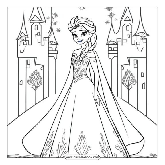 A whimsical coloring page featuring Elsa and Anna surrounded by snowflakes and icy patterns, perfect for creative fun. Free printable!