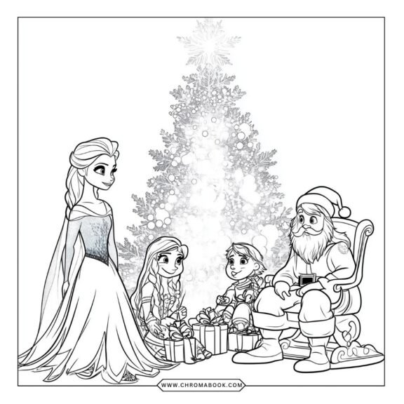 A whimsical coloring page featuring Elsa and Anna in an enchanting scene, perfect for creativity. Free printable!