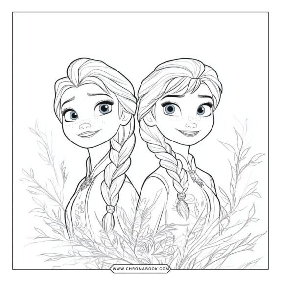 A whimsical coloring page featuring Elsa and Anna from Frozen, surrounded by snowflakes and floral patterns. Free printable!