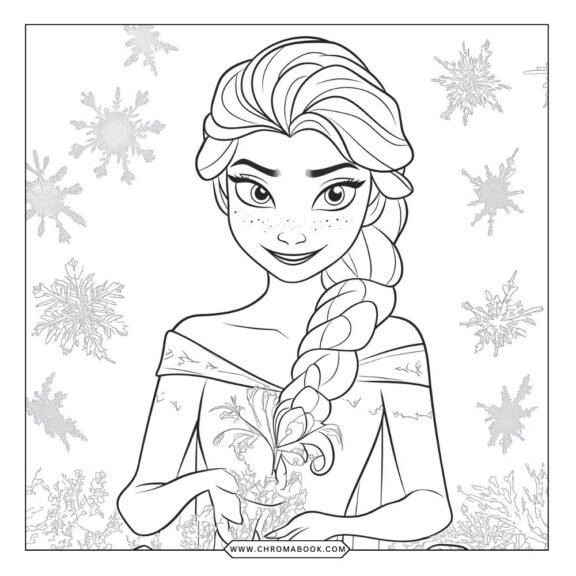 A whimsical coloring page featuring Elsa and Anna surrounded by snowflakes and floral patterns, perfect for a free printable activity.