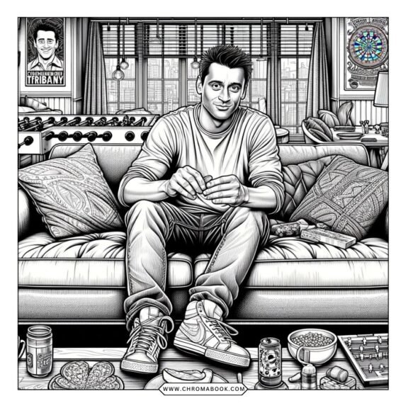 A fun F.R.I.E.N.D.S-themed coloring page featuring iconic elements and characters, perfect for a free printable activity.