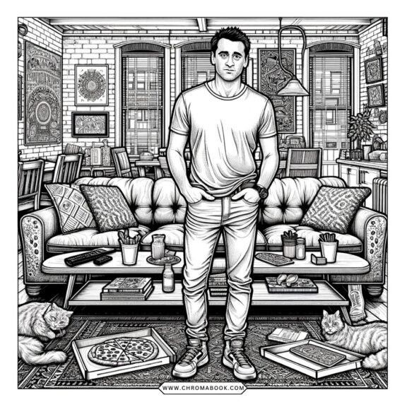 A fun F.R.I.E.N.D.S coloring page featuring iconic elements from the show, perfect for fans. Enjoy this free printable!