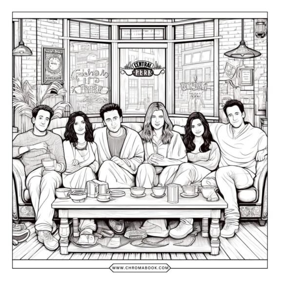 A fun F.R.I.E.N.D.S themed coloring page featuring iconic show elements; perfect for relaxation. Free printable for fans!