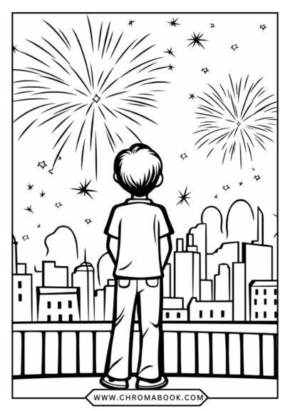 A festive New Year coloring page featuring intricate fireworks and celebratory elements, perfect for a free printable activity.