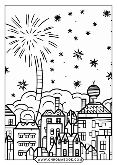Happy New Year coloring page featuring festive fireworks, stars, and intricate patterns, perfect for a free printable celebration!
