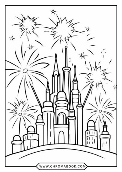 A festive Happy New Year coloring page featuring intricate fireworks and stars, perfect for a joyful celebration. Free printable!