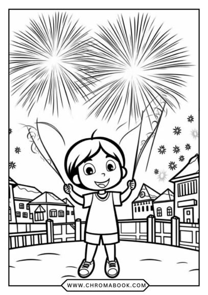 A festive Happy New Year coloring page featuring fireworks, confetti, and a cheerful clock striking midnight. Free printable!