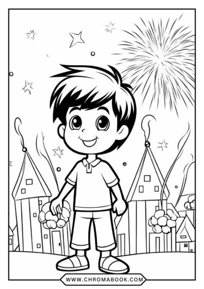 A festive Happy New Year coloring page featuring celebratory fireworks and stars, perfect for a free printable activity.